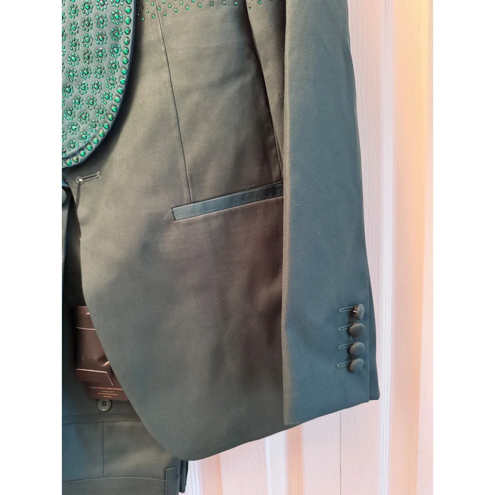 Ferrucci HT Green Beaded Tuxedo Suit Shawl Lapel Men Size 54 Jacket 48 Pants